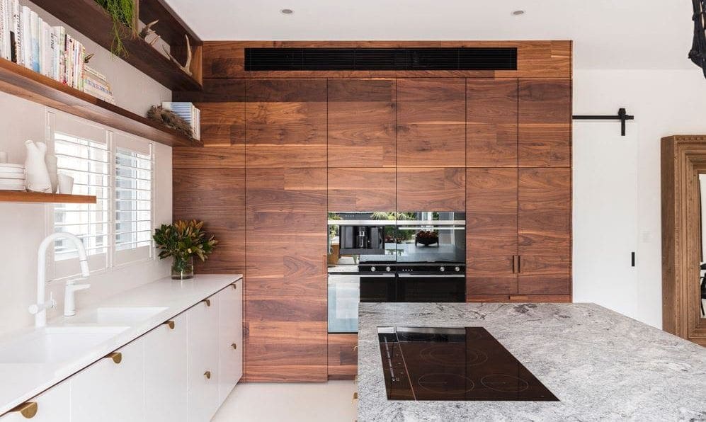 Billi XL Matte White in kitchen with marble bench and timber feature wall